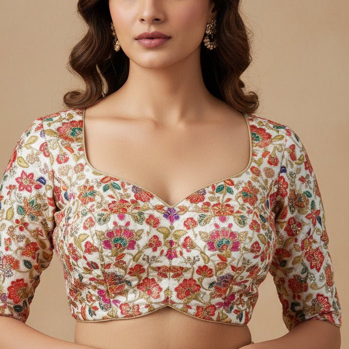 Ivory Rich Floral Designer Crepe Blouse Fabric - Vini's Ethnic