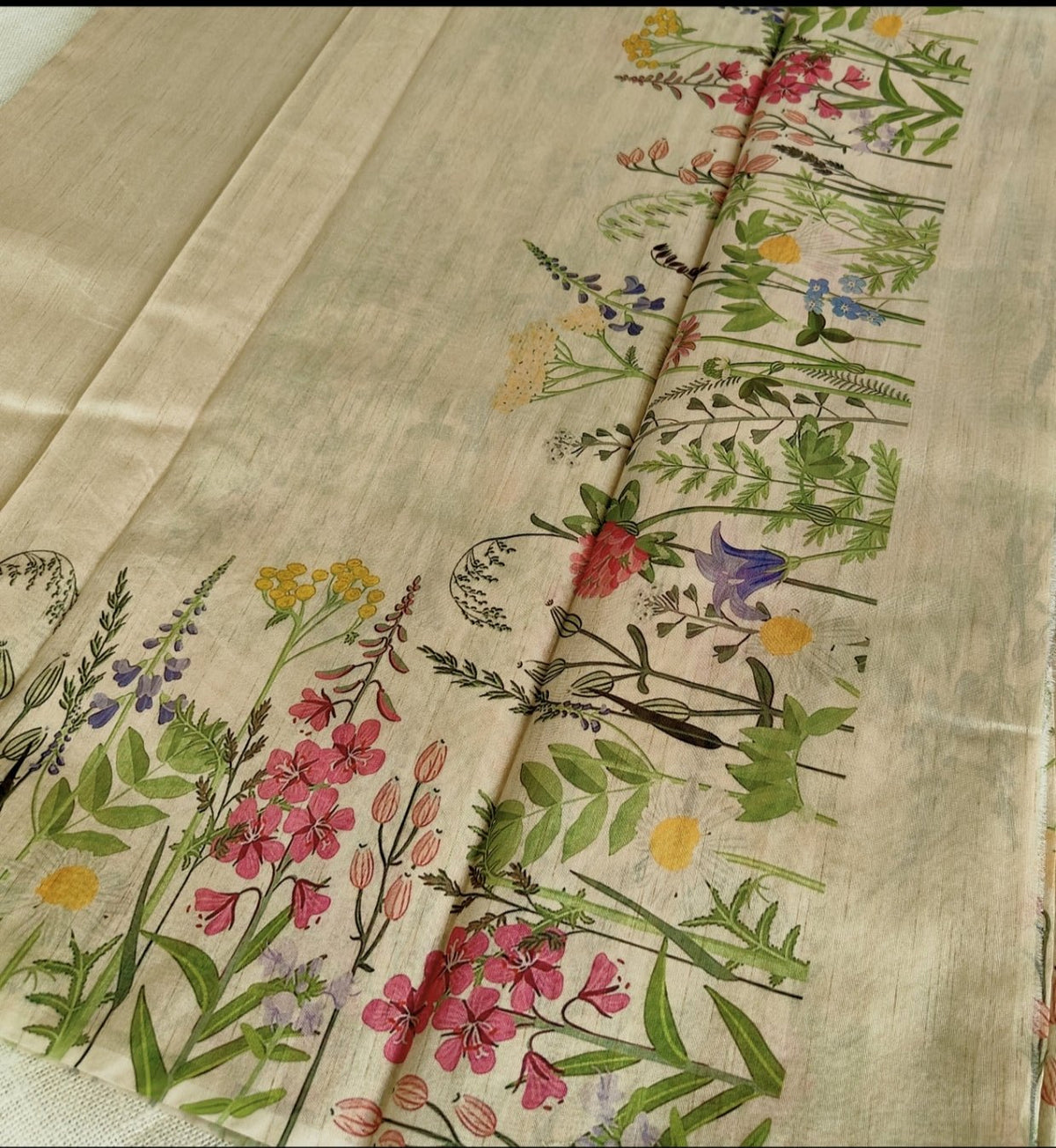 Ivory Watercolor Floral Semi Tussar Saree - Vini's Ethnic
