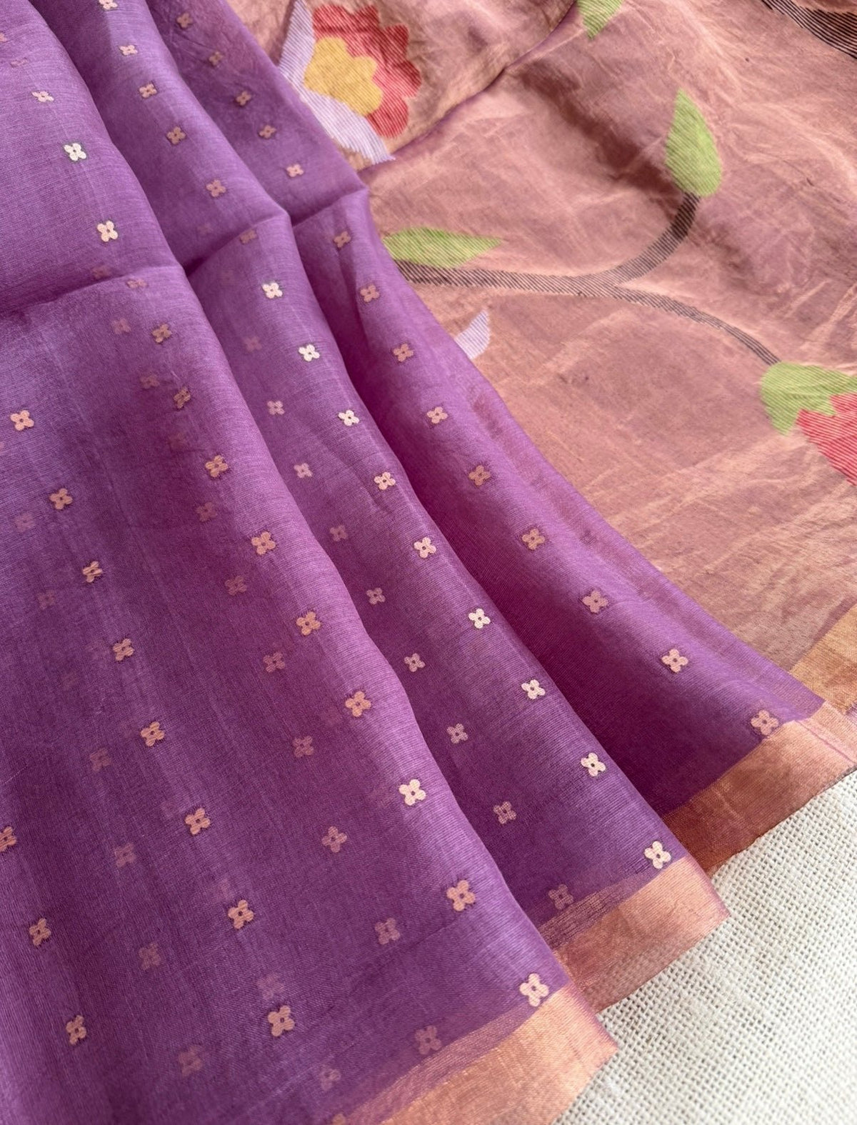 Lavender n Purple Pure Muslin Sequin Paithani Pallu Saree - Vini's Ethnic
