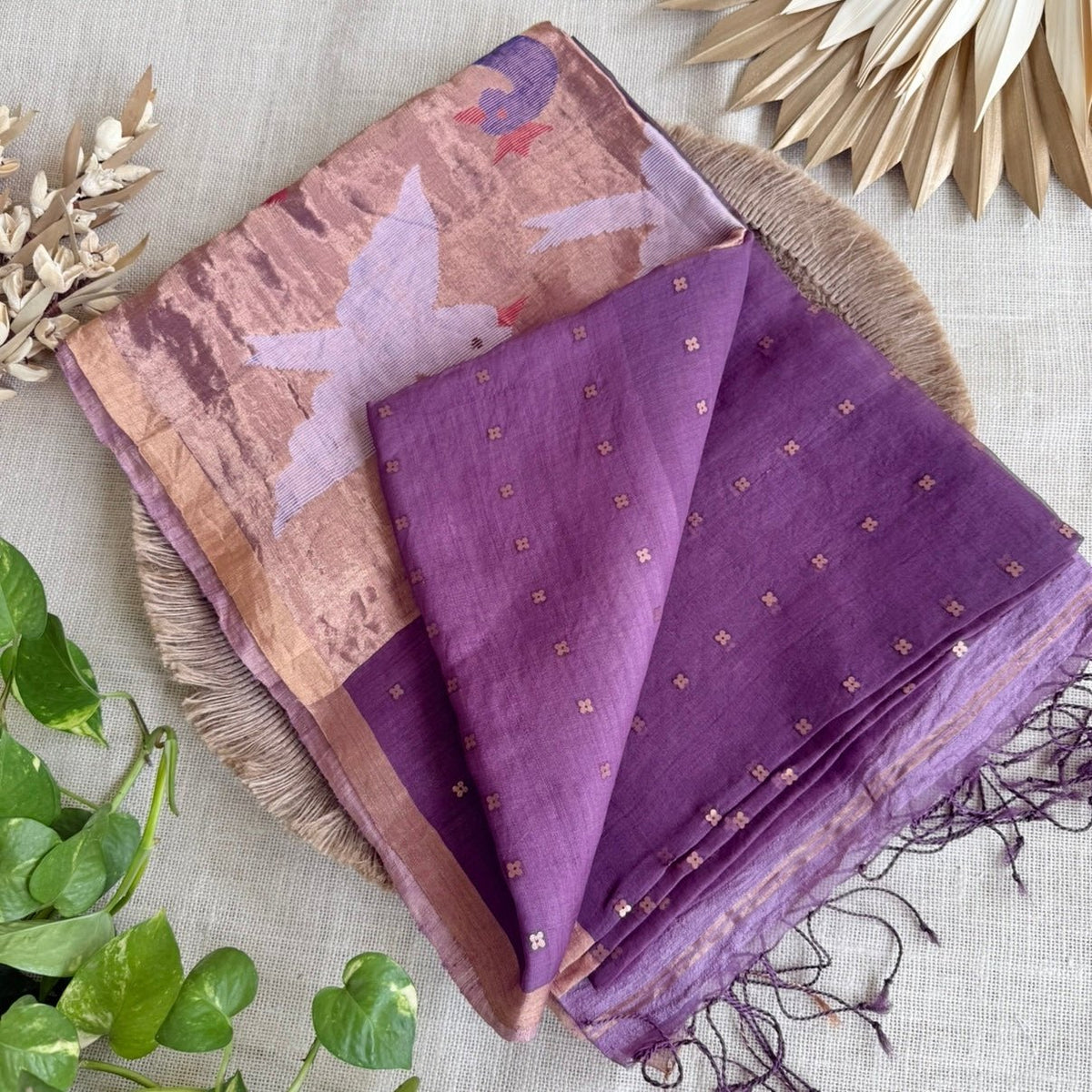 Lavender n Purple Pure Muslin Sequin Paithani Pallu Saree - Vini's Ethnic