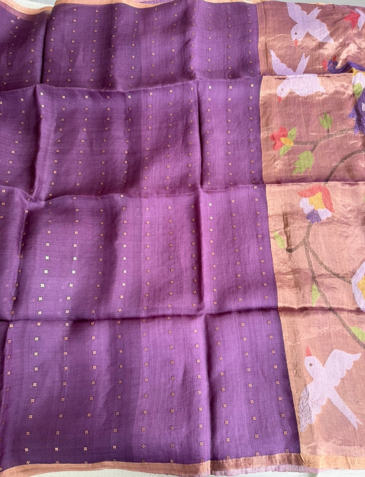 Lavender n Purple Pure Muslin Sequin Paithani Pallu Saree - Vini's Ethnic