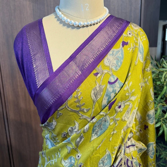 Lemon green and purple khadi georgette saree for birthday and anniversary wear