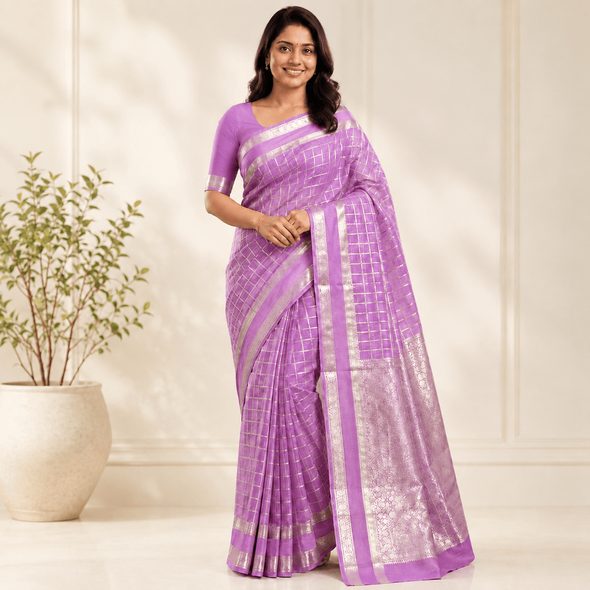Lilac Checked Raw Silk Saree - Vini's Ethnic