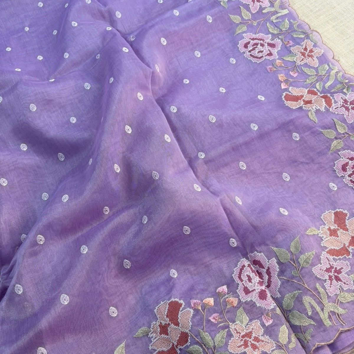 Lilac Floral Shimmer Tussar Saree - Vini's Ethnic