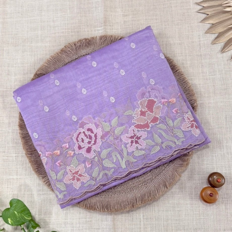 Lilac Floral Shimmer Tussar Saree - Vini's Ethnic