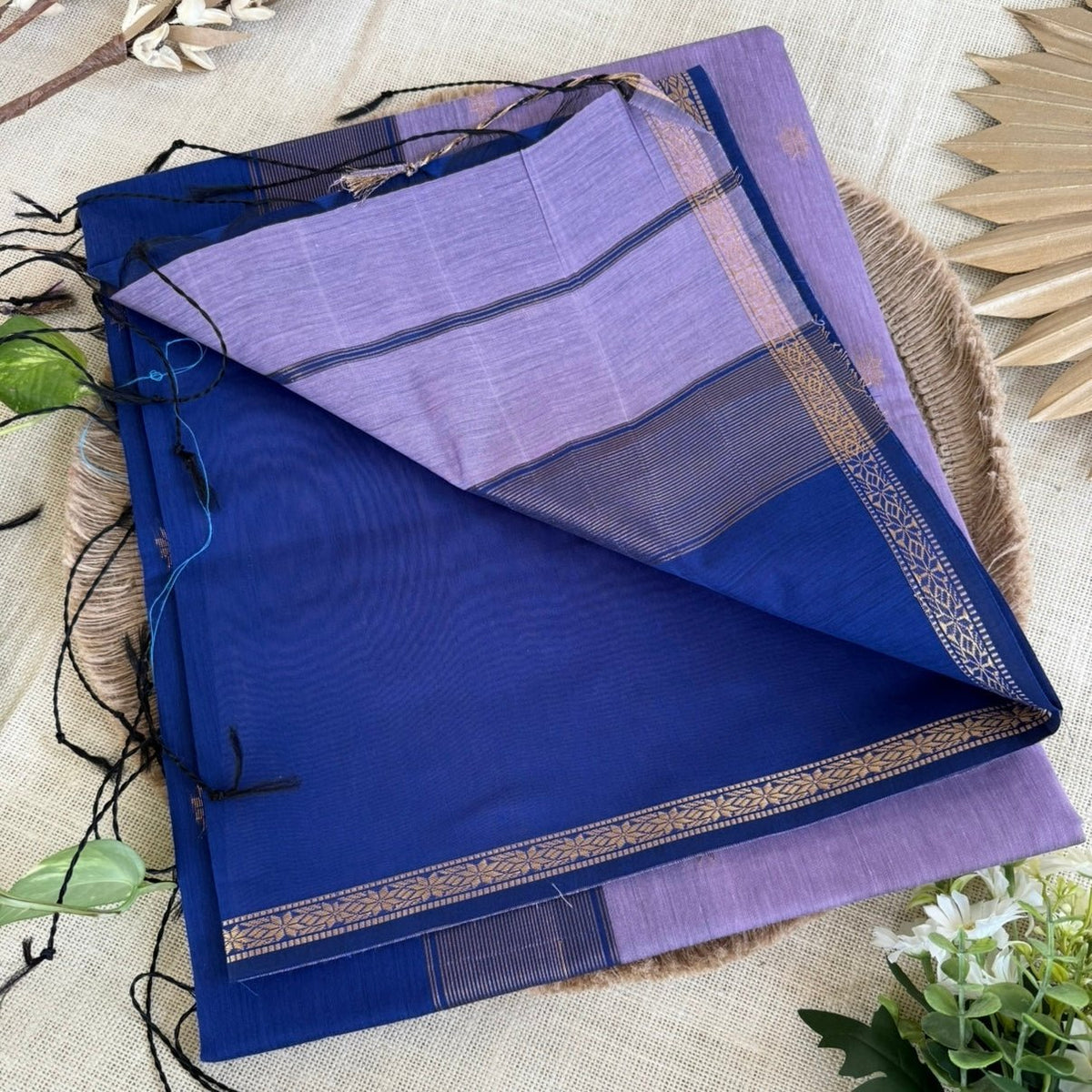 Lilac with Deep Blue Pure Cotton Saree - Vini's Ethnic