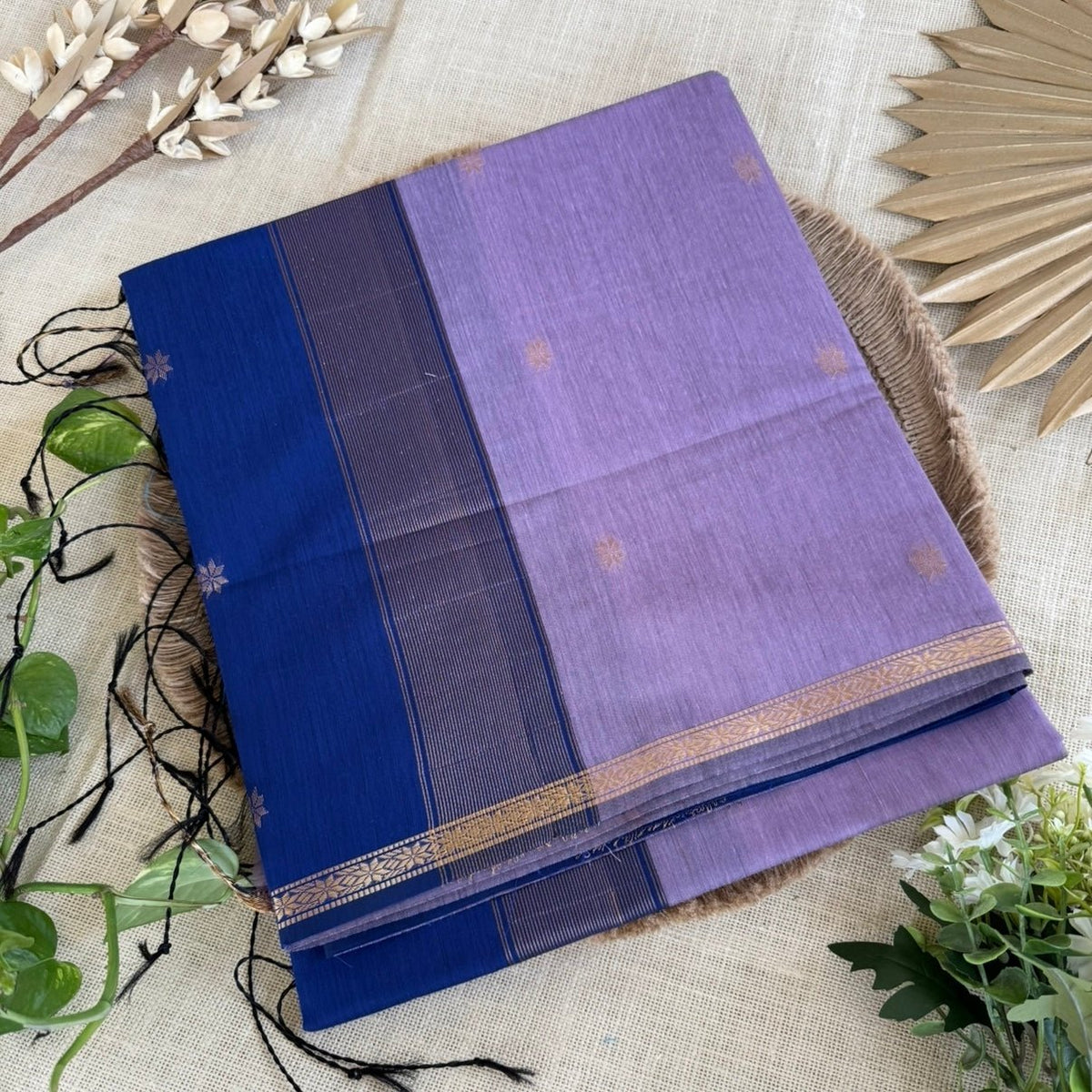 Lilac with Deep Blue Pure Cotton Saree - Vini's Ethnic