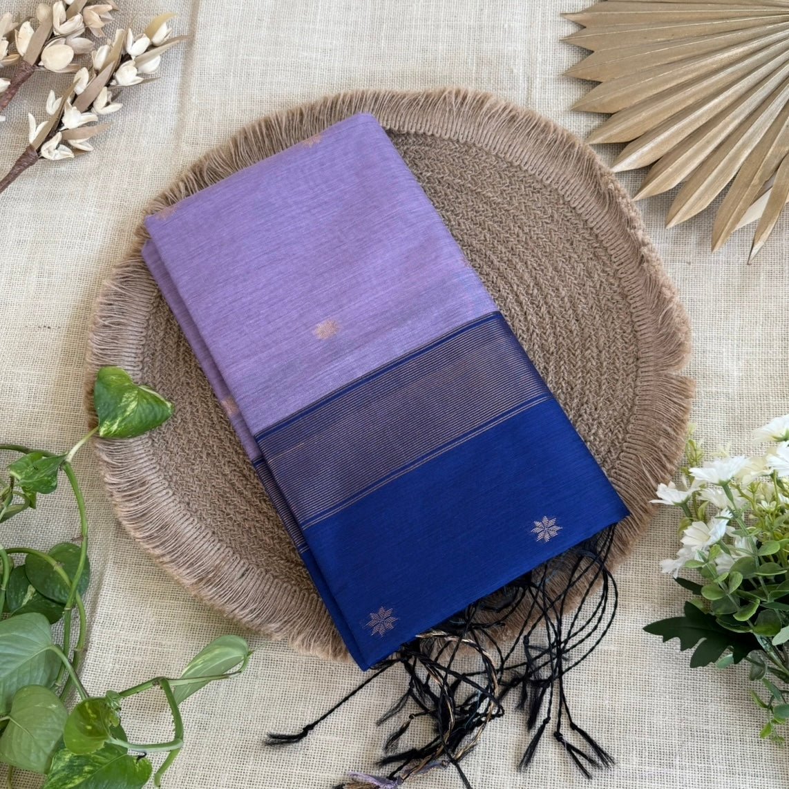 Lilac with Deep Blue Pure Cotton Saree - Vini's Ethnic