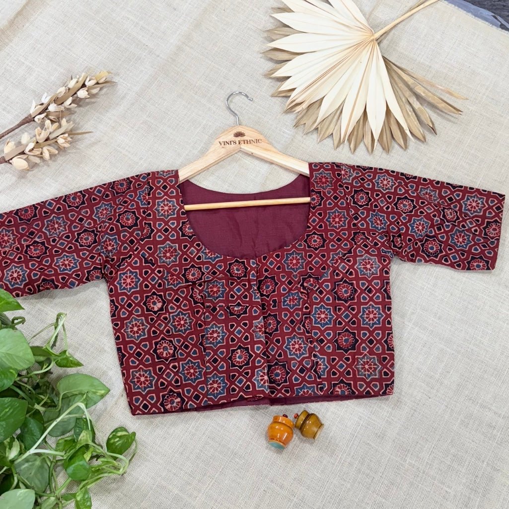 Maroon Ajrakh Printed Cotton Elbow Sleeve Stitched Blouse - Vini's Ethnic