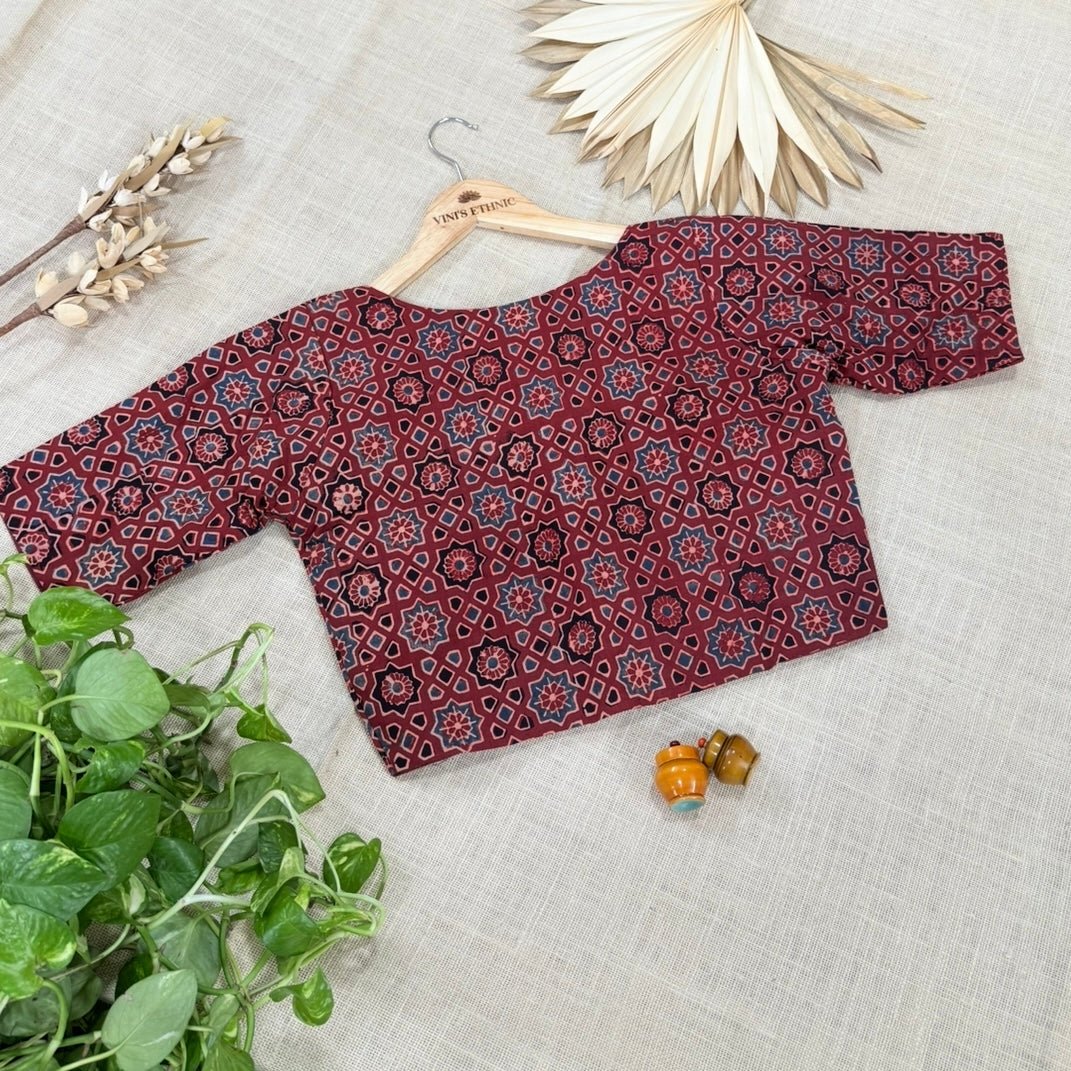 Maroon Ajrakh Printed Cotton Elbow Sleeve Stitched Blouse - Vini's Ethnic
