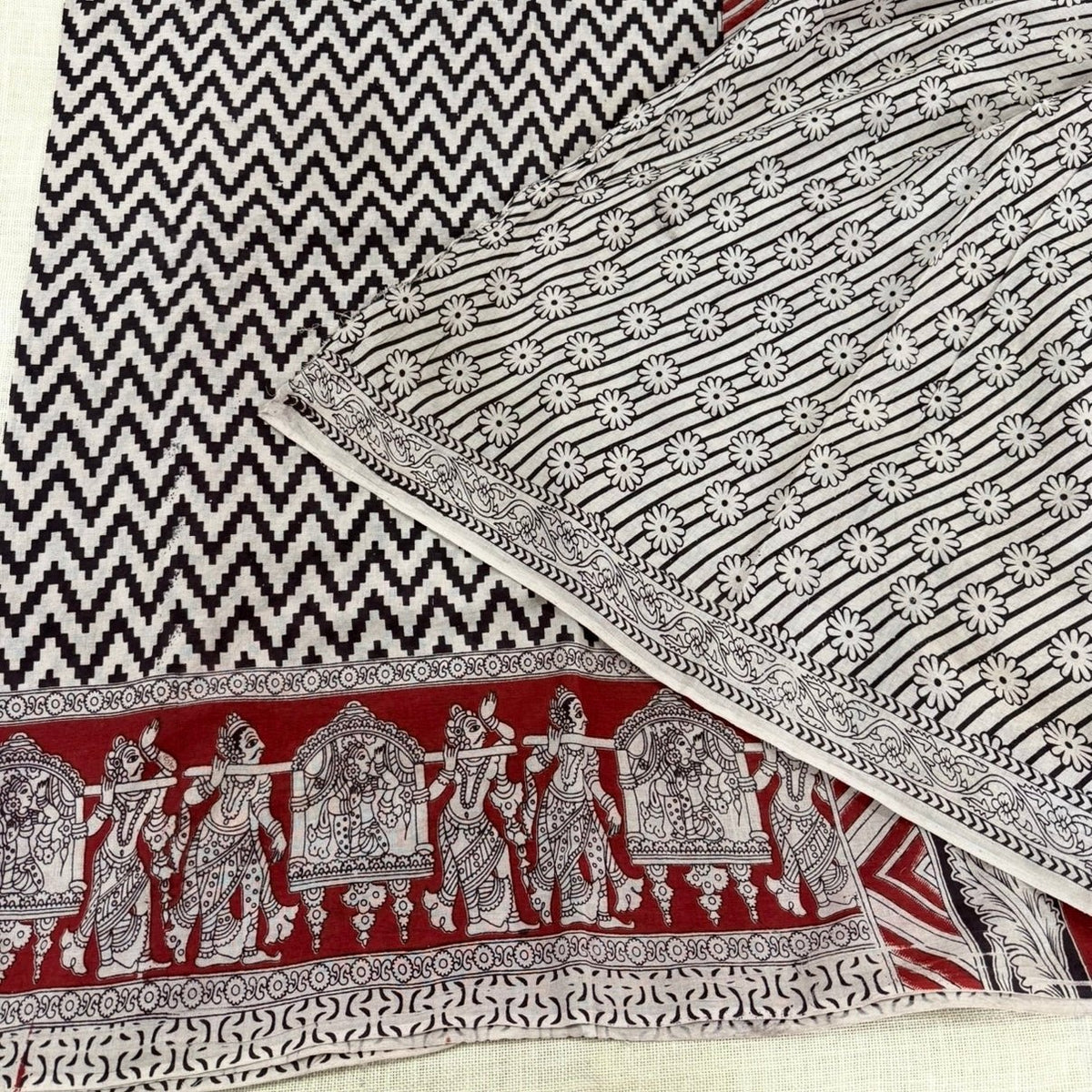 Maroon Black Zigzag Kalamkari Cotton Saree - Vini's Ethnic