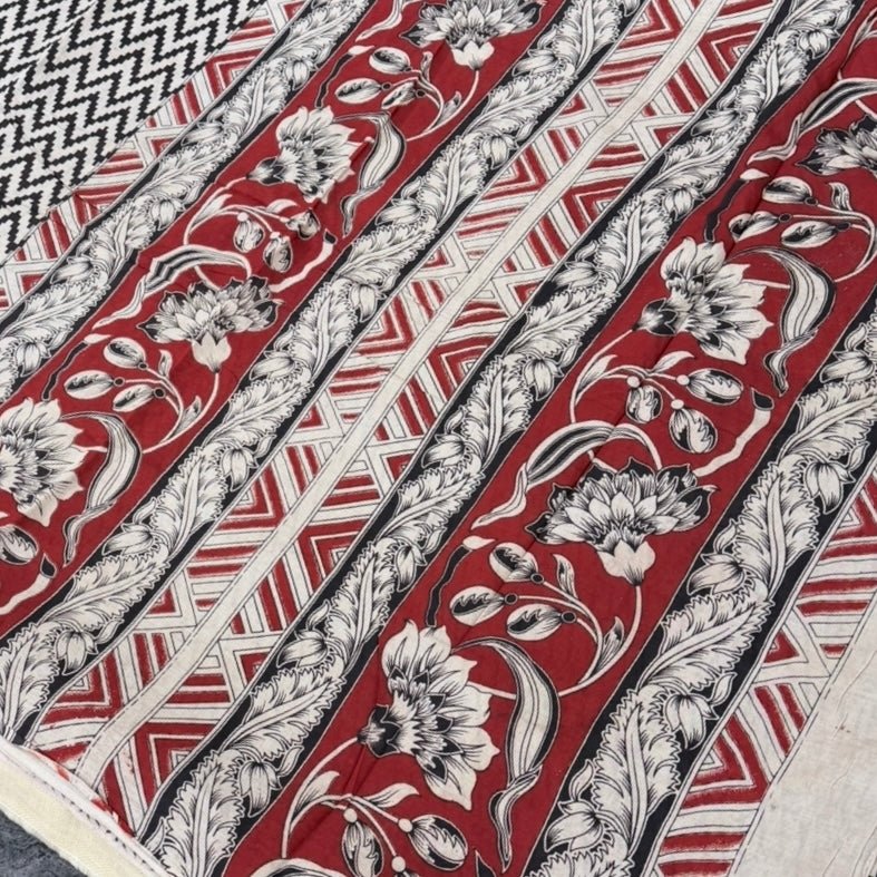 Maroon Black Zigzag Kalamkari Cotton Saree - Vini's Ethnic