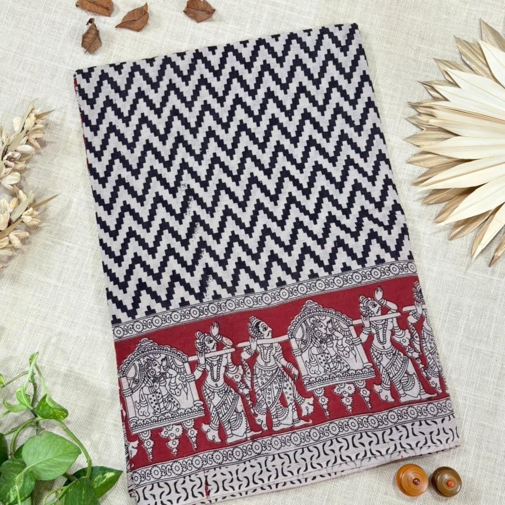 Maroon Black Zigzag Kalamkari Cotton Saree - Vini's Ethnic