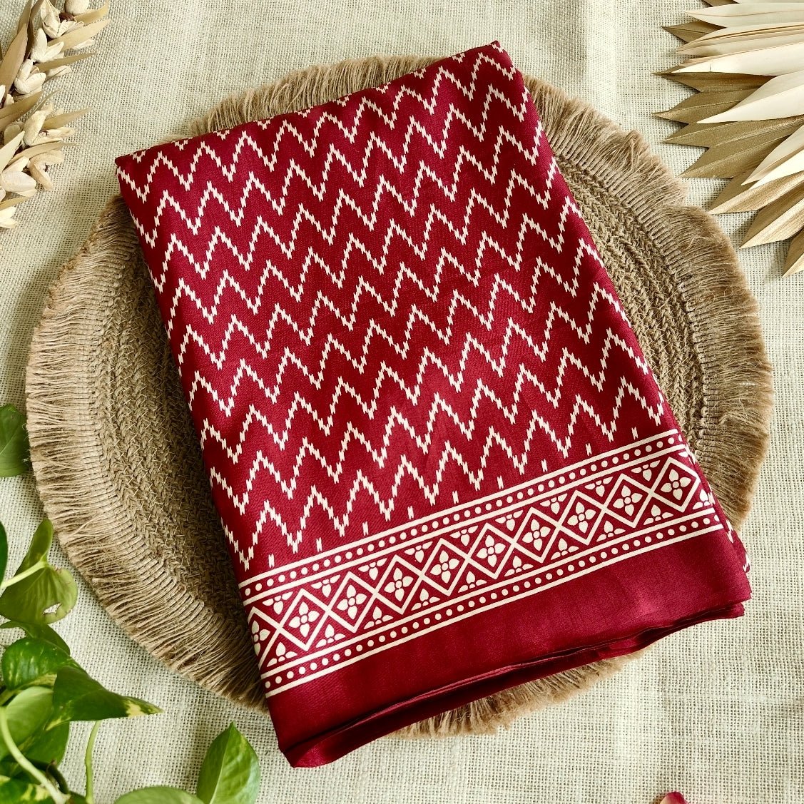 Maroon Zigzag Semi Modal Saree - Vini's Ethnic