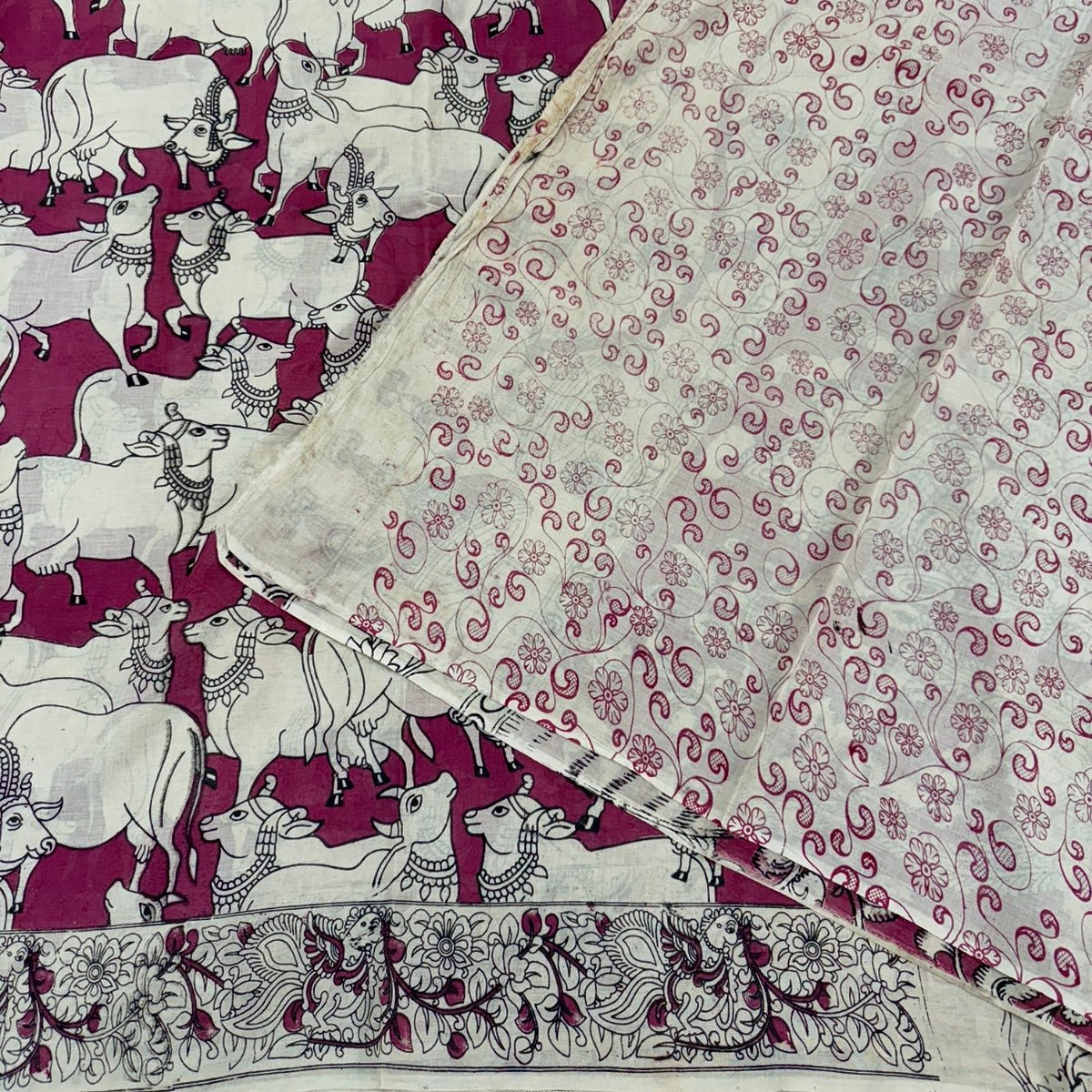 Mauve Pichwai pattern Kalamkari Cotton Saree - Vini's Ethnic