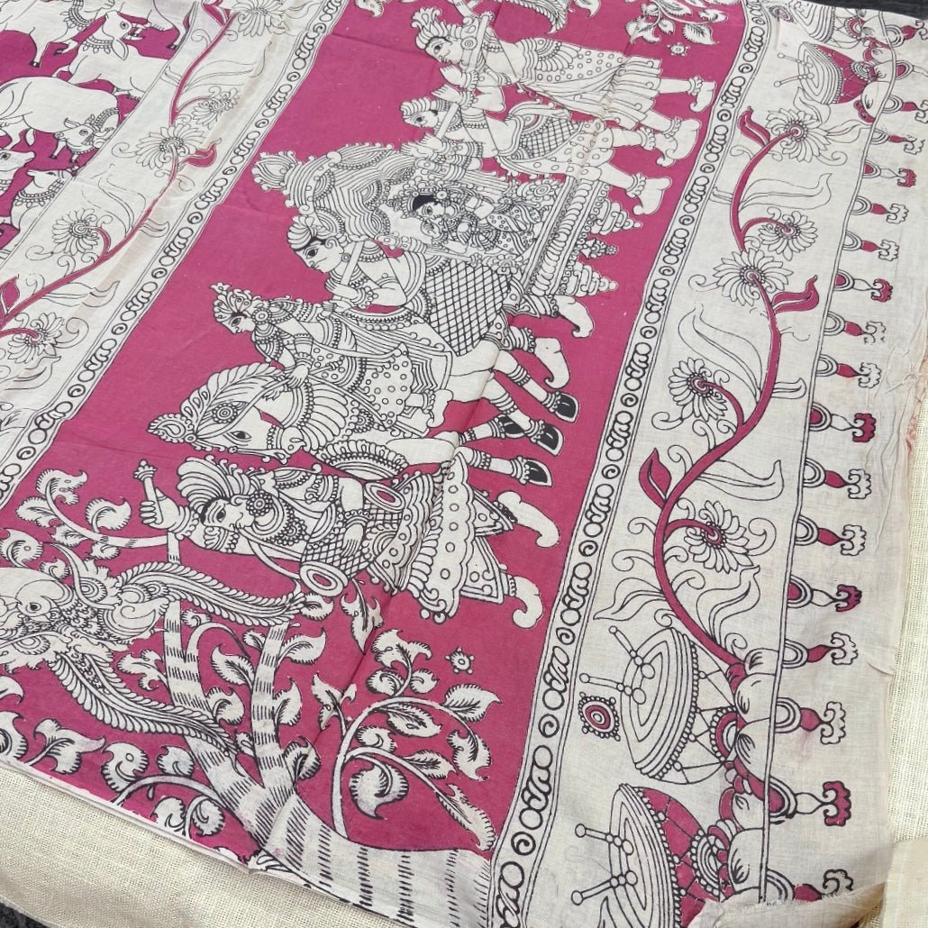 Mauve Pichwai pattern Kalamkari Cotton Saree - Vini's Ethnic