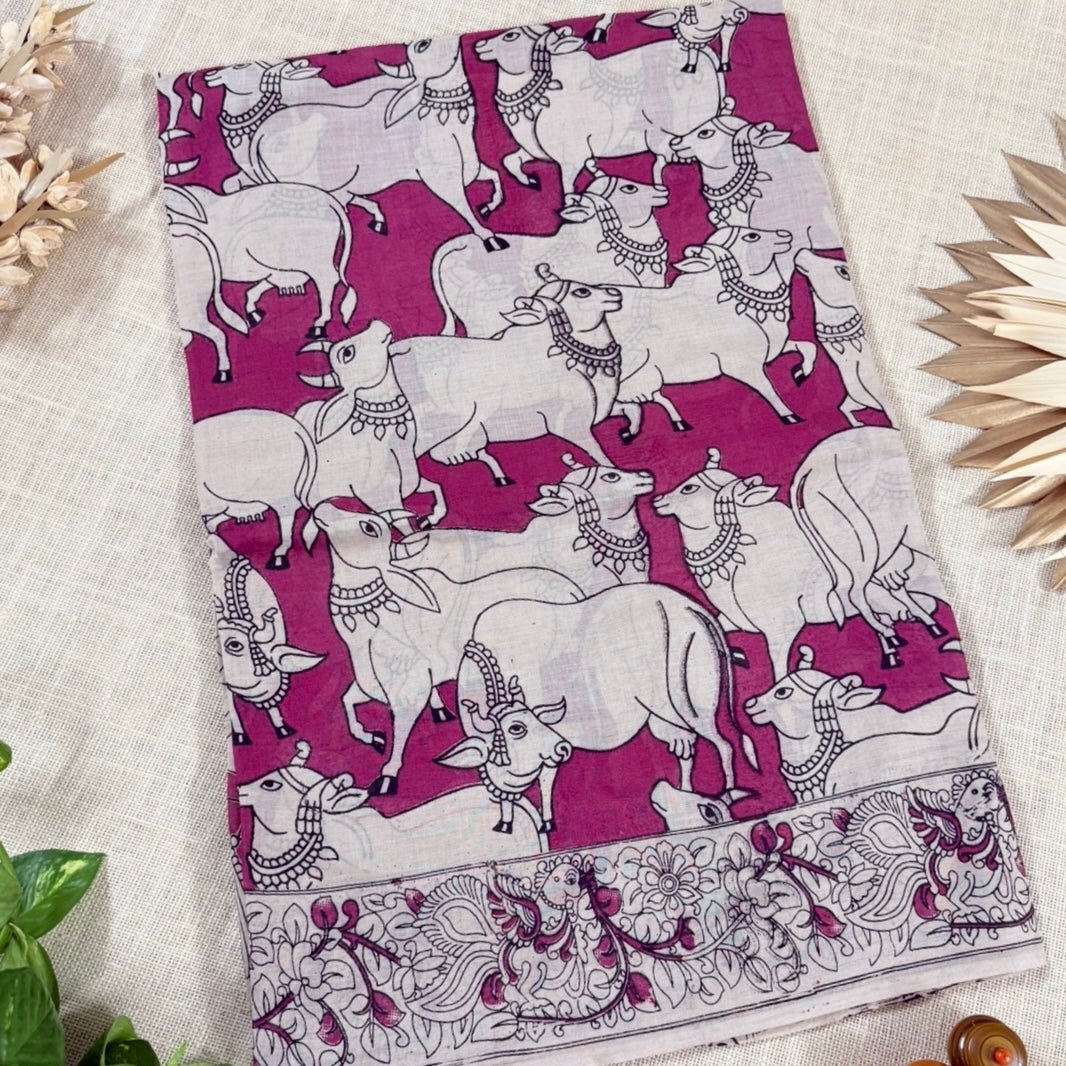 Mauve Pichwai pattern Kalamkari Cotton Saree - Vini's Ethnic