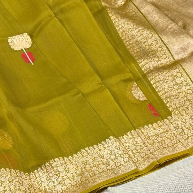 Mehendi Green Pure Kora Silk Saree - Vini's Ethnic