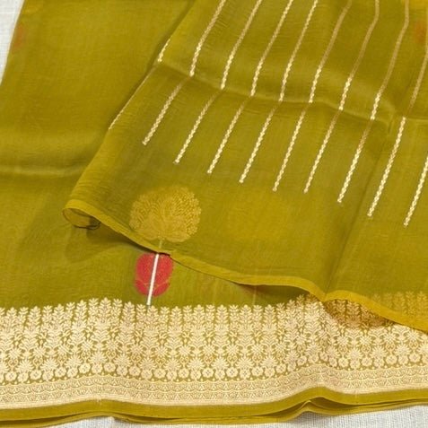 Mehendi Green Pure Kora Silk Saree - Vini's Ethnic