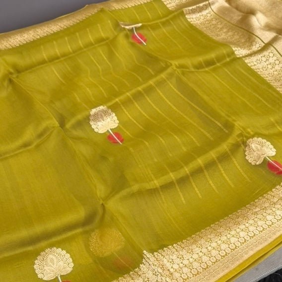 Mehendi Green Pure Kora Silk Saree - Vini's Ethnic
