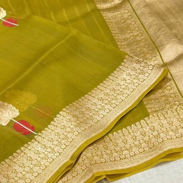 Mehendi Green Pure Kora Silk Saree - Vini's Ethnic