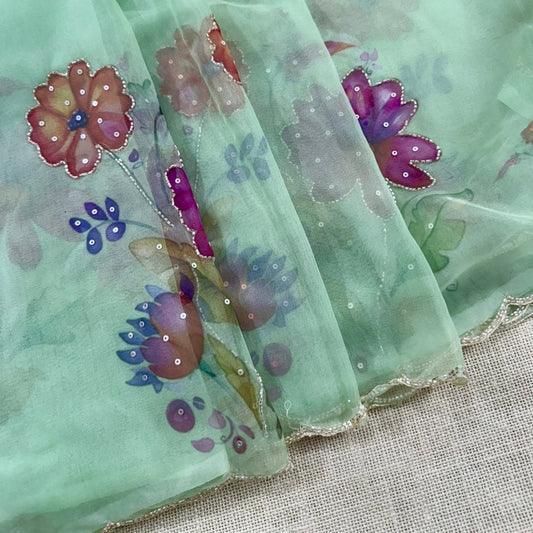 Mint Green Soft Organza Designer Saree - Vini's Ethnic