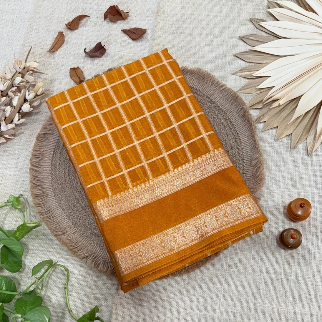 Mustard Checked Raw Silk Saree - Vini's Ethnic