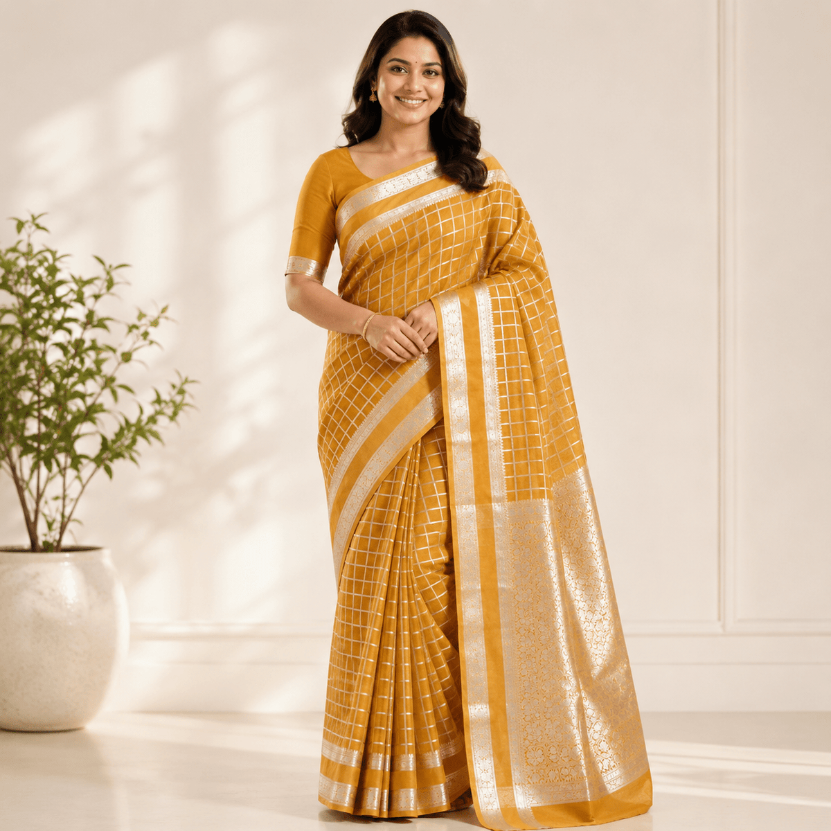 Mustard Checked Raw Silk Saree - Vini's Ethnic