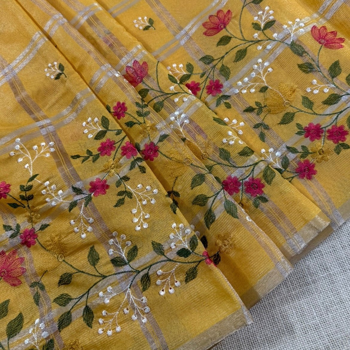 Mustard Chekcs Floral Embroidery Semi Tussar Saree - Vini's Ethnic