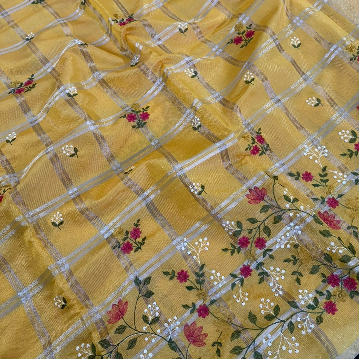 Mustard Chekcs Floral Embroidery Semi Tussar Saree - Vini's Ethnic