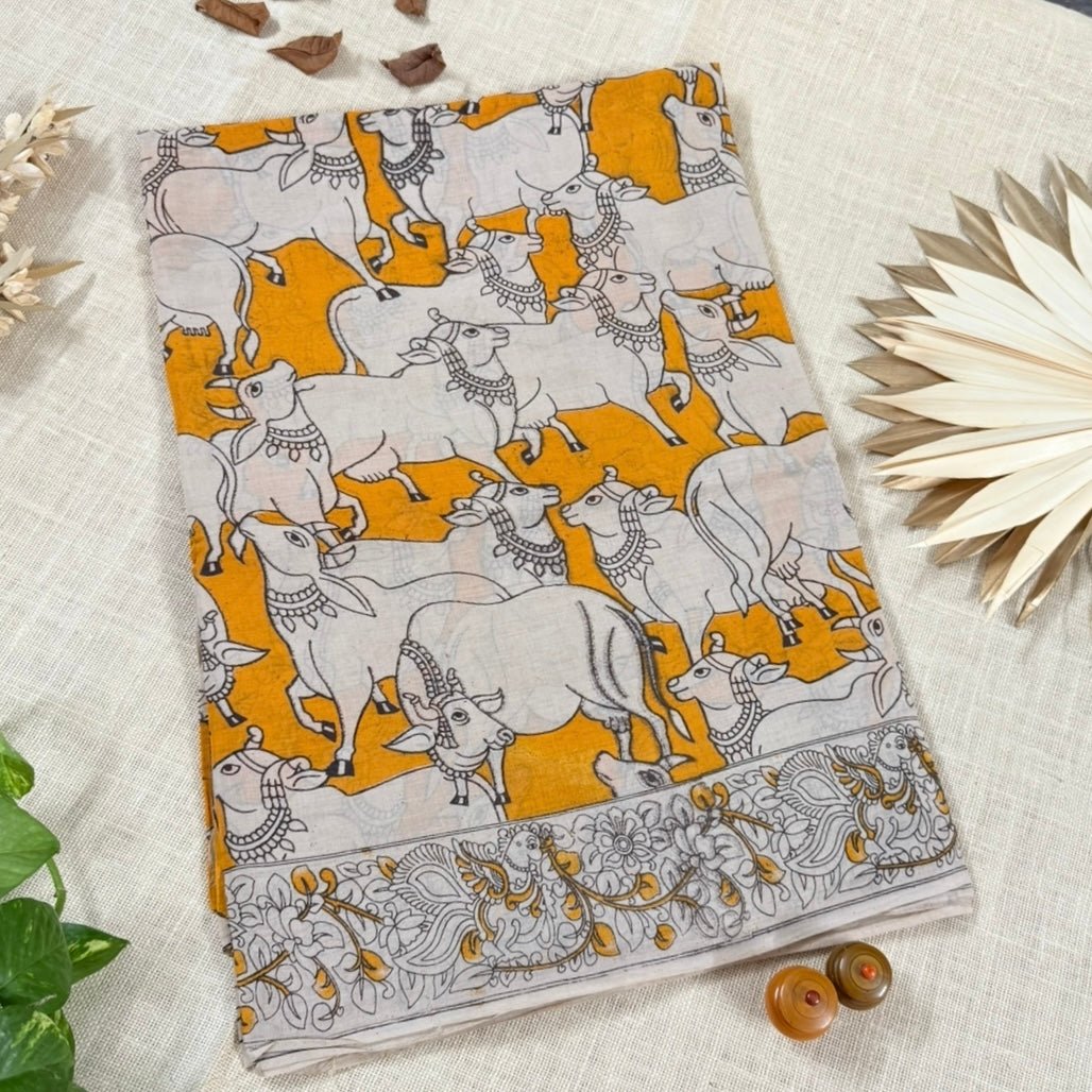 Mustard Pichwai pattern Kalamkari Cotton Saree - Vini's Ethnic