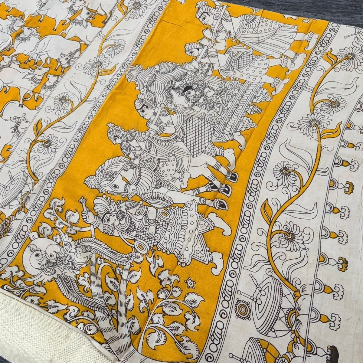 Mustard Pichwai pattern Kalamkari Cotton Saree - Vini's Ethnic
