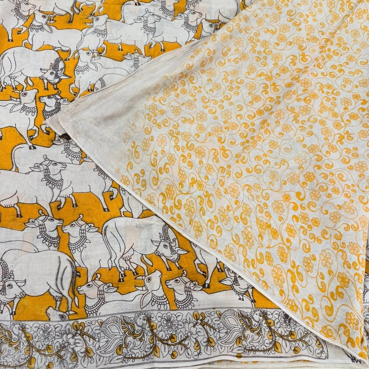 Mustard Pichwai pattern Kalamkari Cotton Saree - Vini's Ethnic