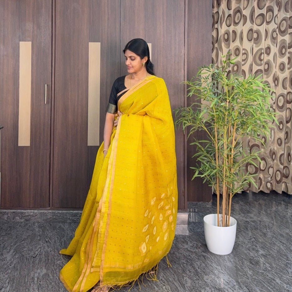 Mustard Yellow Pure Muslin Sequin Saree - Vini's Ethnic