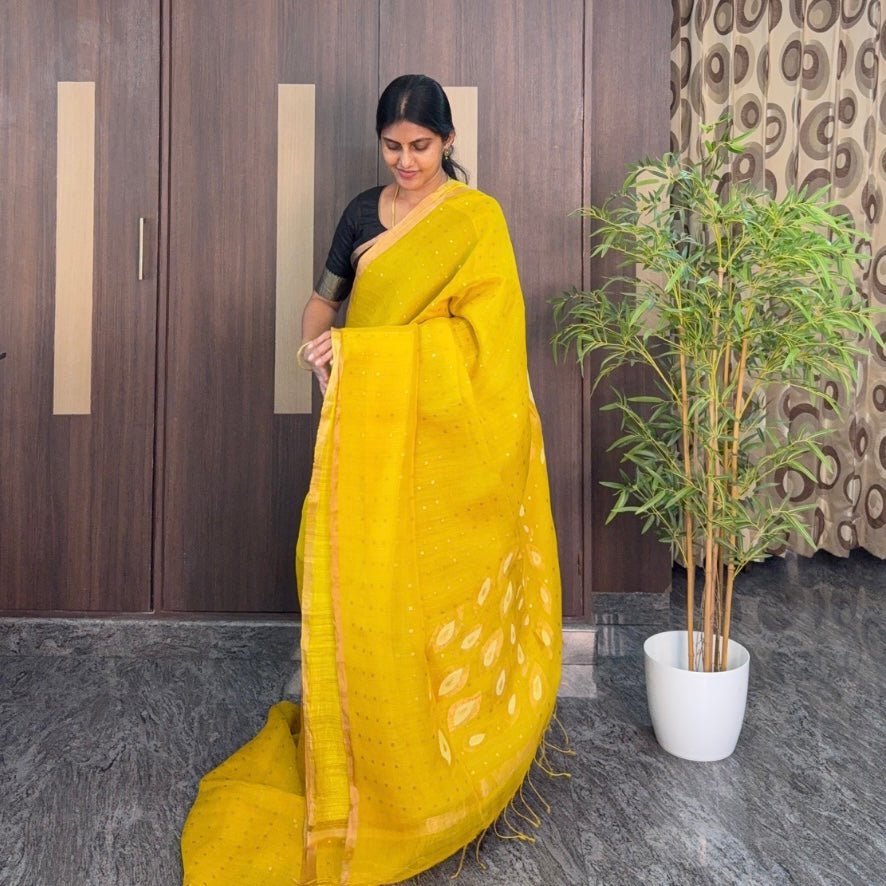Mustard Yellow Pure Muslin Sequin Saree - Vini's Ethnic