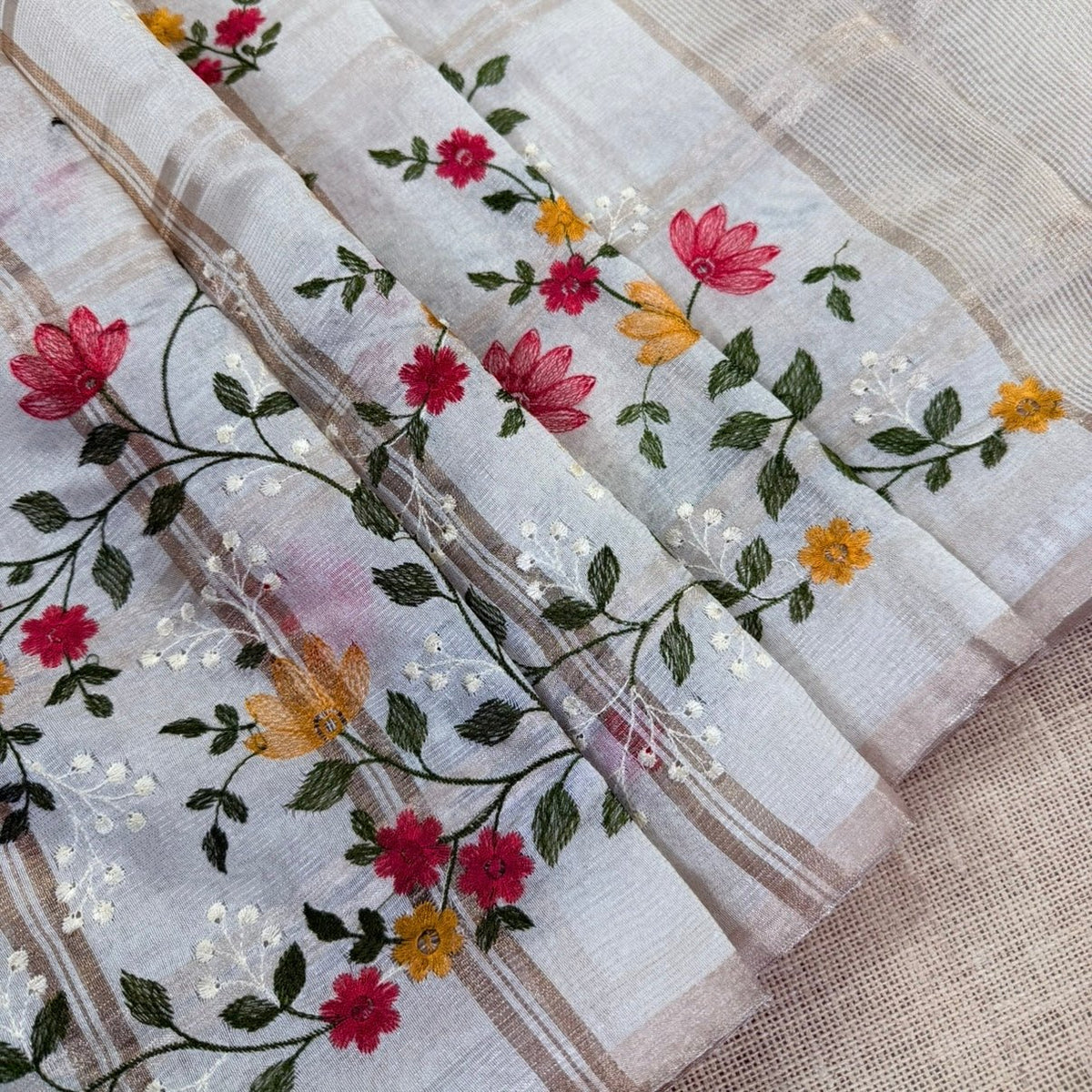 Off white Checks Floral Embroidery Semi Tussar Saree - Vini's Ethnic