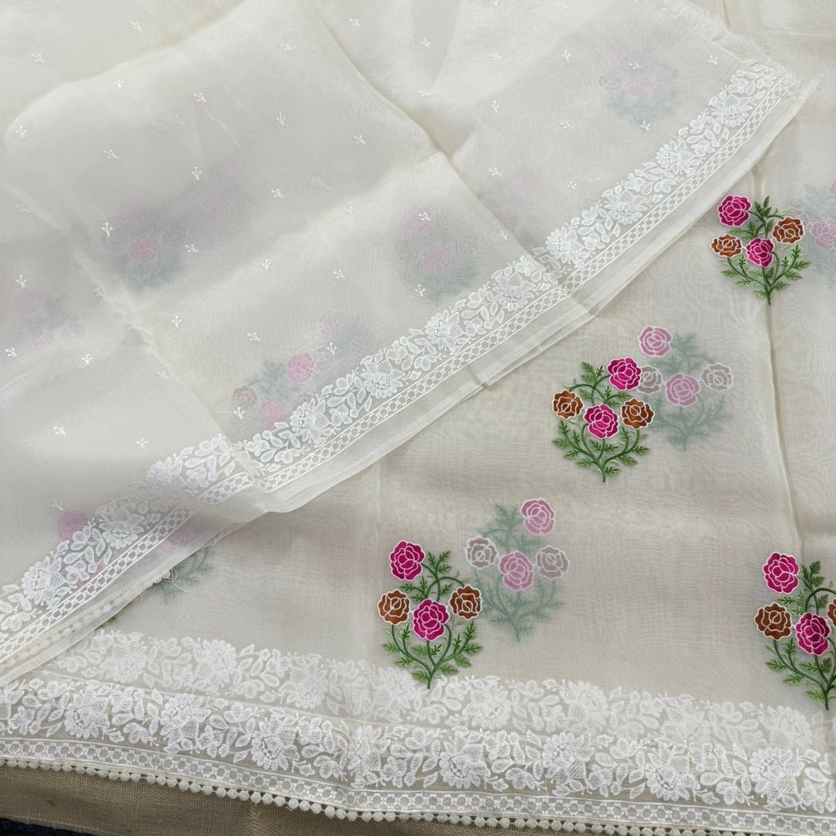 Off White Intricate Floral Embroidery Kora Organza Saree - Vini's Ethnic