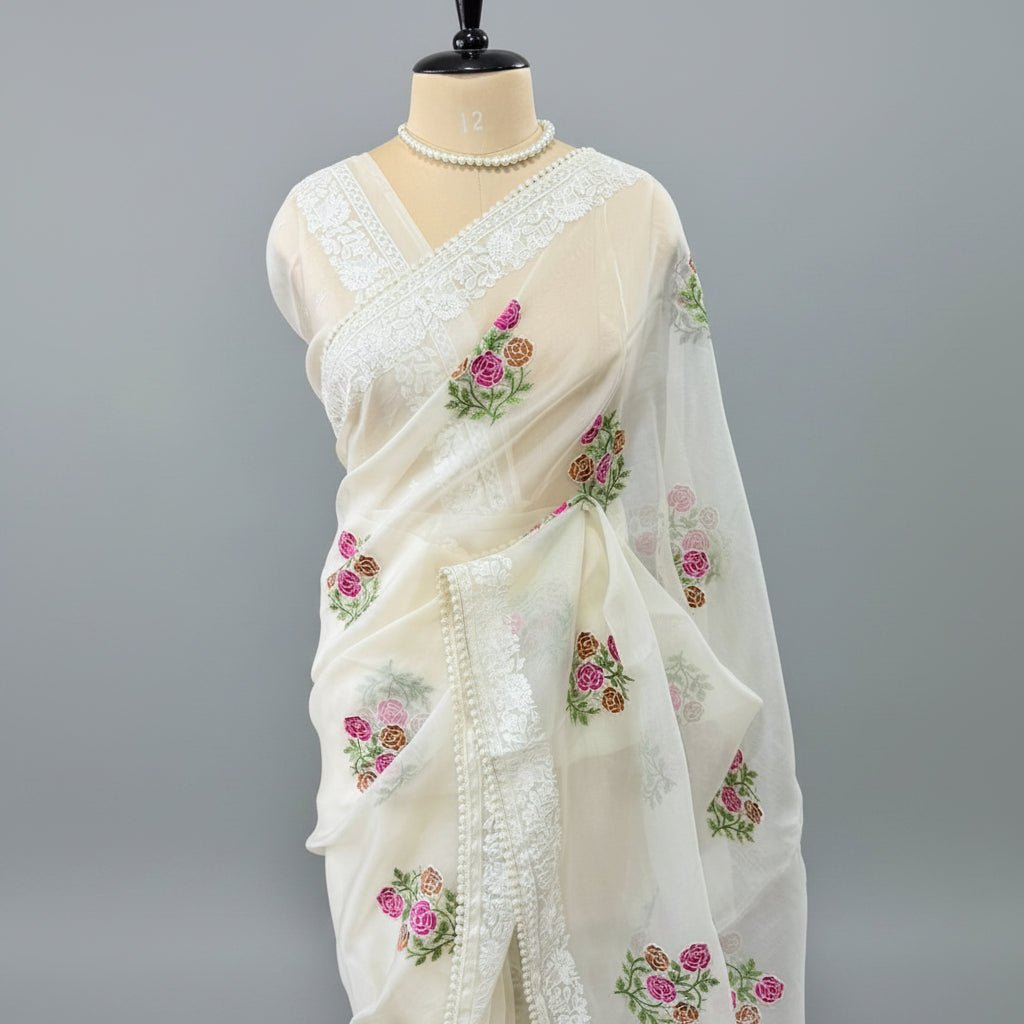 Off White Intricate Floral Embroidery Kora Organza Saree - Vini's Ethnic