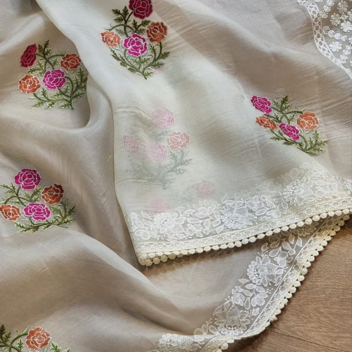 Off White Intricate Floral Embroidery Kora Organza Saree - Vini's Ethnic