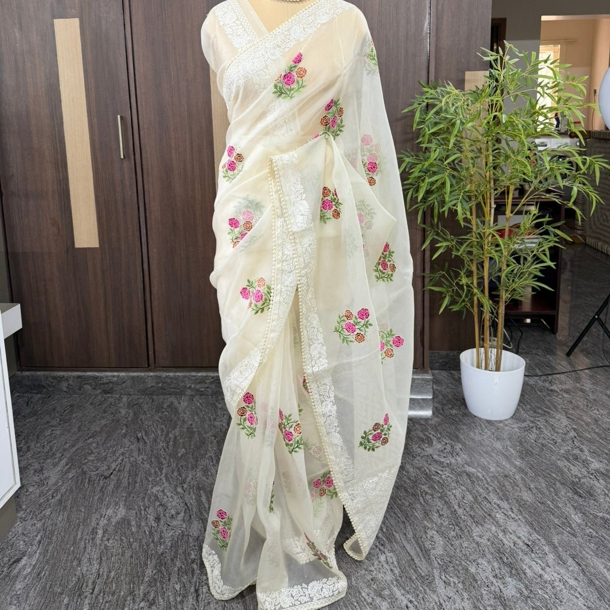 Off White Intricate Floral Embroidery Kora Organza Saree - Vini's Ethnic