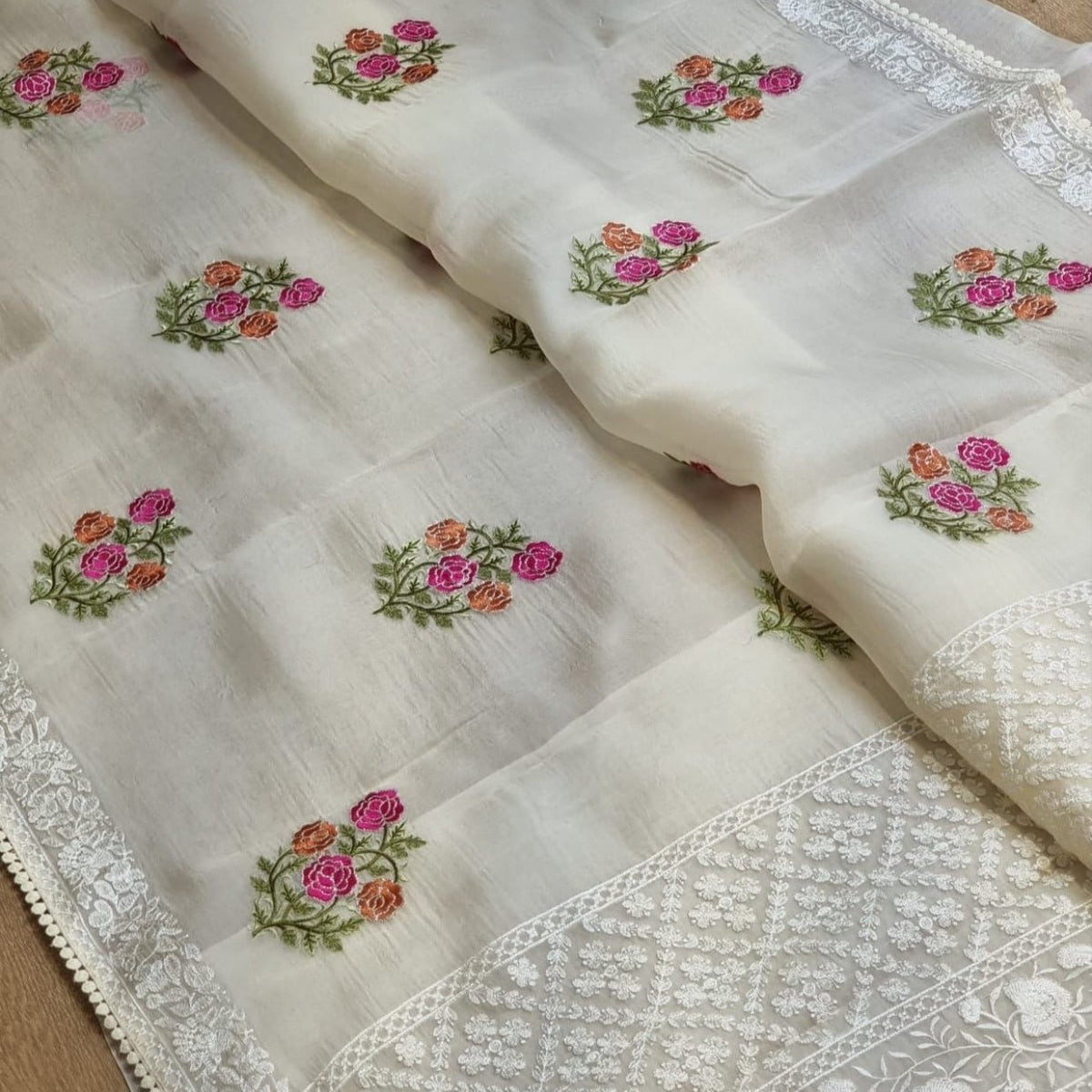 Off White Intricate Floral Embroidery Kora Organza Saree - Vini's Ethnic