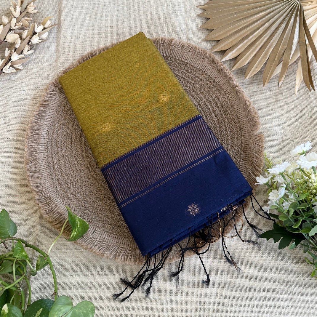 Olive Green with Deep Blue Pure Cotton Saree - Vini's Ethnic