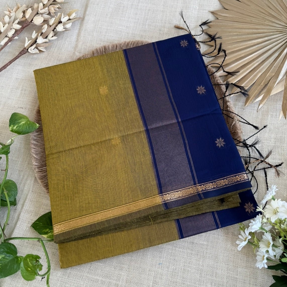 Olive Green with Deep Blue Pure Cotton Saree - Vini's Ethnic