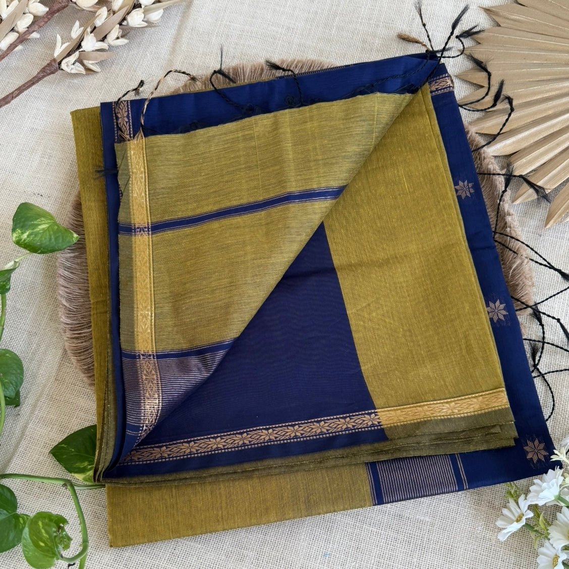 Olive Green with Deep Blue Pure Cotton Saree - Vini's Ethnic