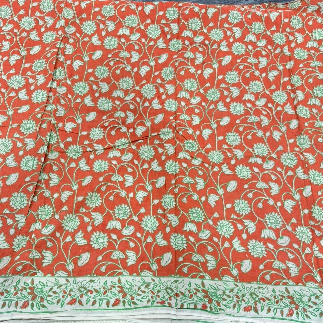 Orange Floral Kalamkari Cotton Saree - Vini's Ethnic
