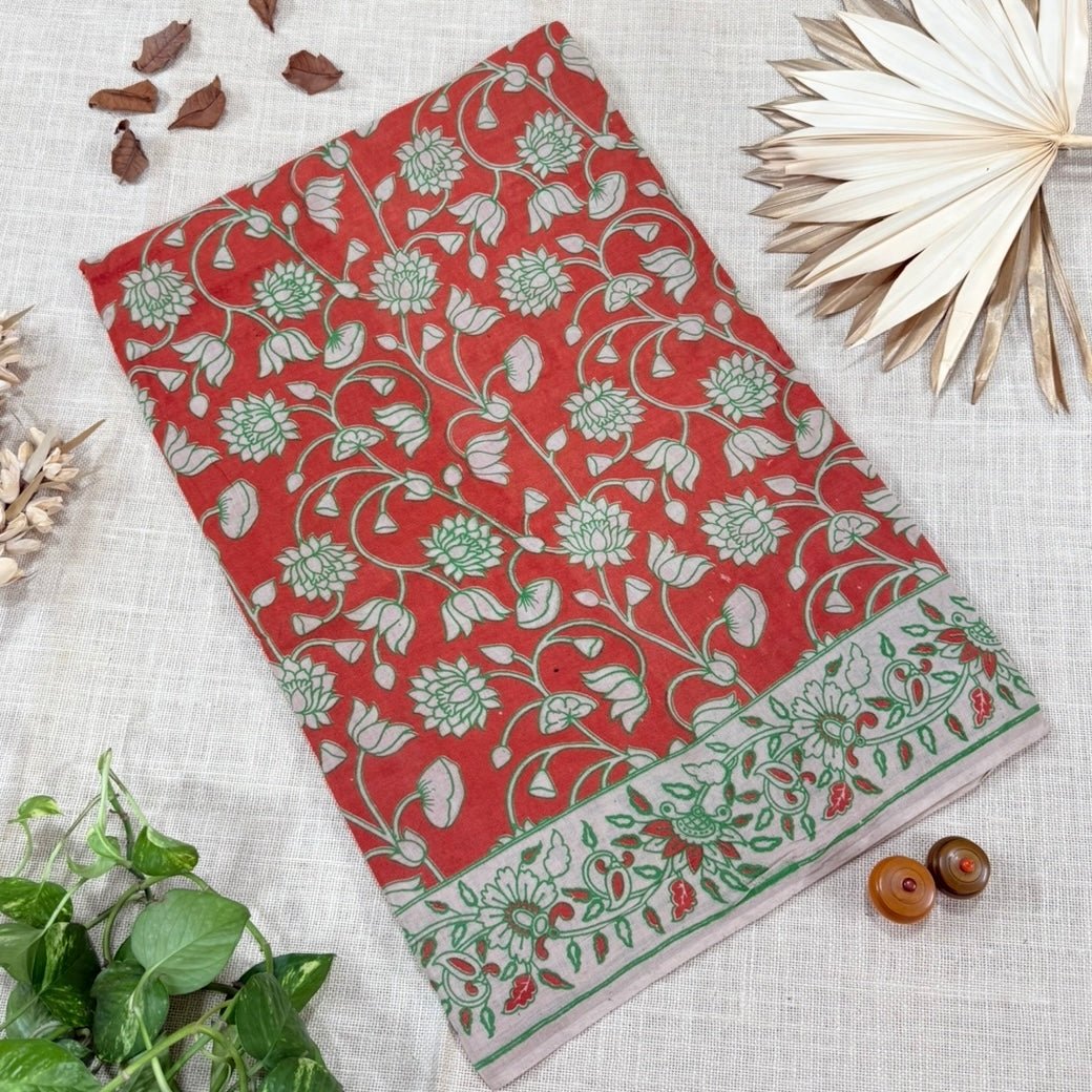 Orange Floral Kalamkari Cotton Saree - Vini's Ethnic