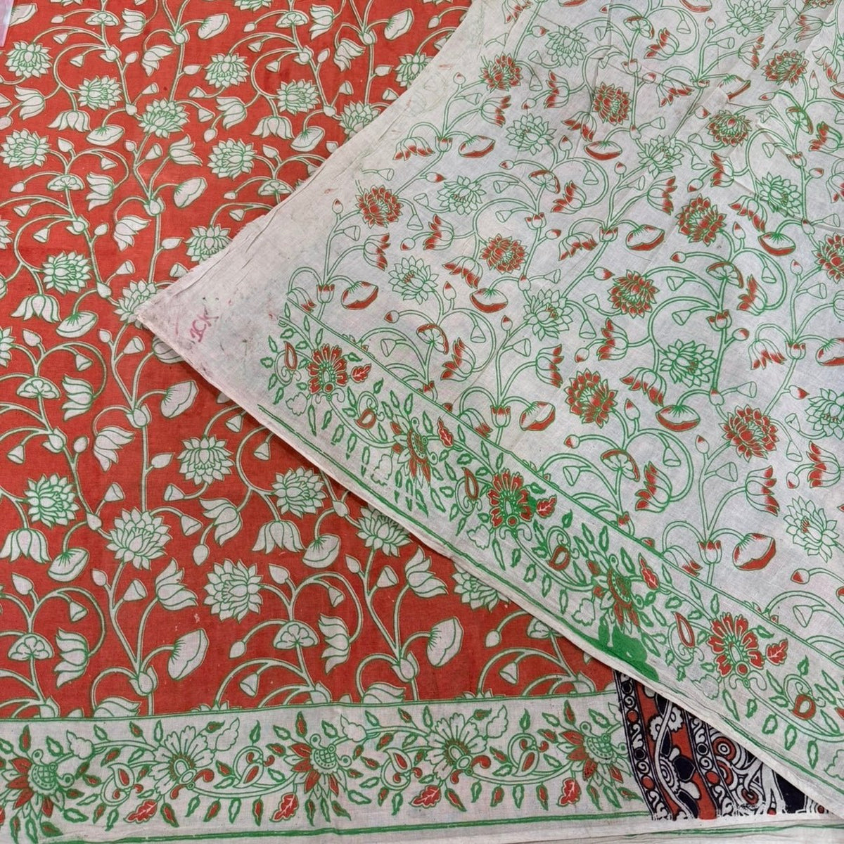 Orange Floral Kalamkari Cotton Saree - Vini's Ethnic