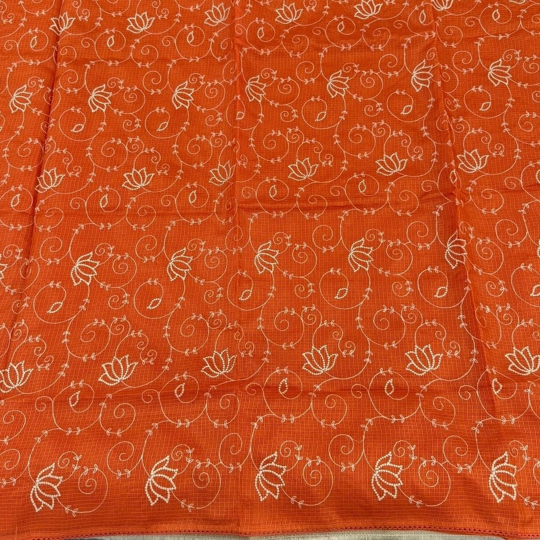 Orange Kota Cotton Crochet Embroidery Saree - Vini's Ethnic