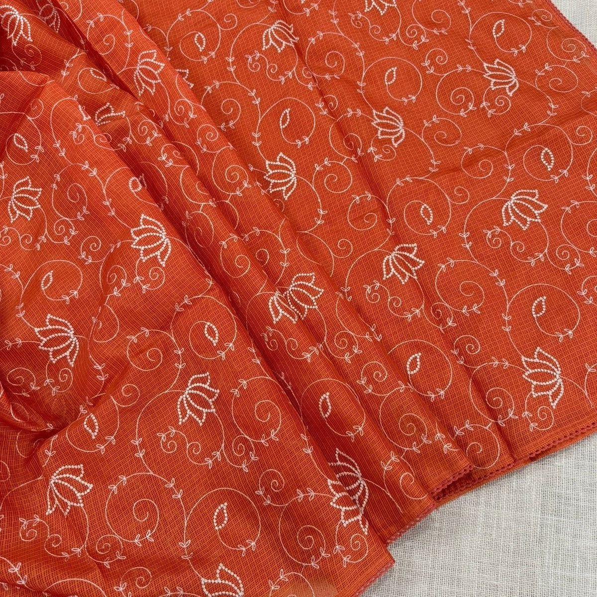 Orange Kota Cotton Crochet Embroidery Saree - Vini's Ethnic