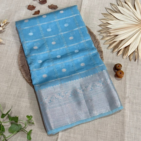 Pastel Blue Checked Kora Silk Saree - Vini's Ethnic